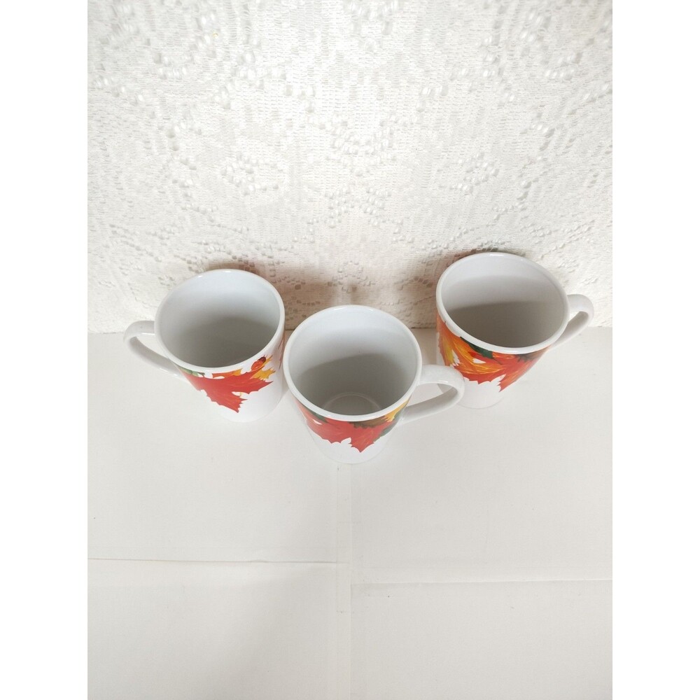 Greenbrier International Ceramic Fall Leaf Coffee Mugs White 3pc 10 fl oz - Picture 2 of 12